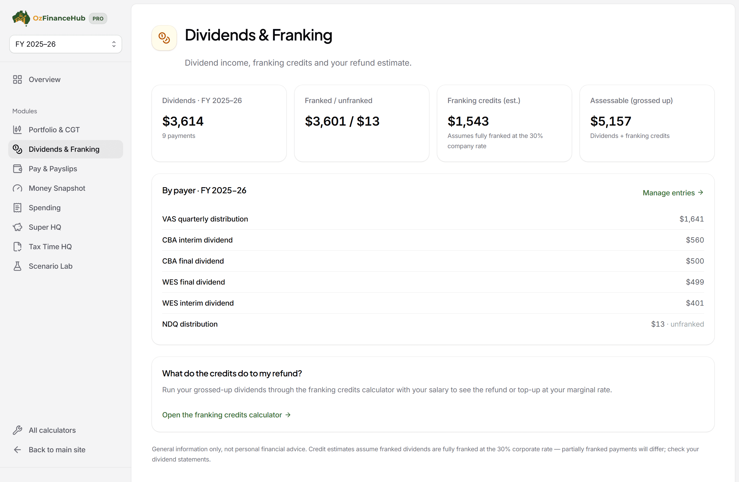 The Dividends & Franking module showing financial-year dividend totals, the franked and unfranked split, estimated franking credits and a per-payer breakdown