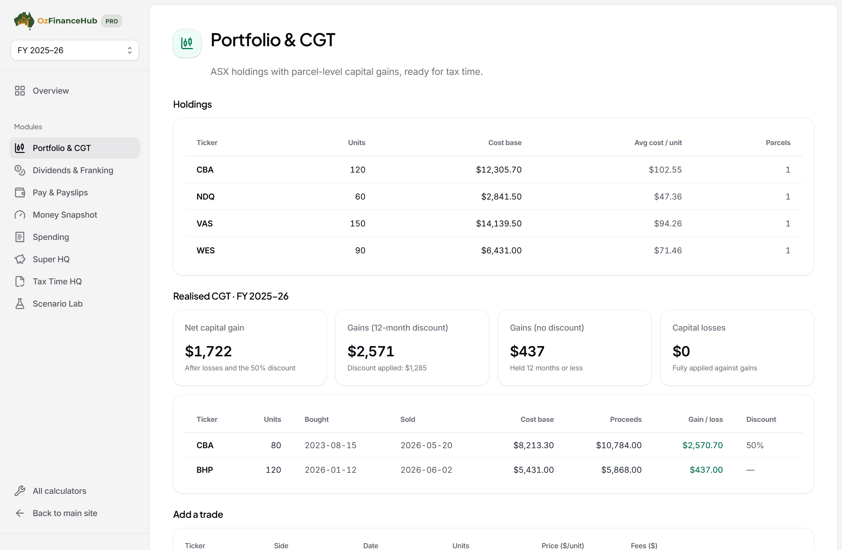 The Portfolio & CGT module showing holdings with cost bases and a realised CGT report with net capital gain, discounted and undiscounted gains and per-sale parcel matching