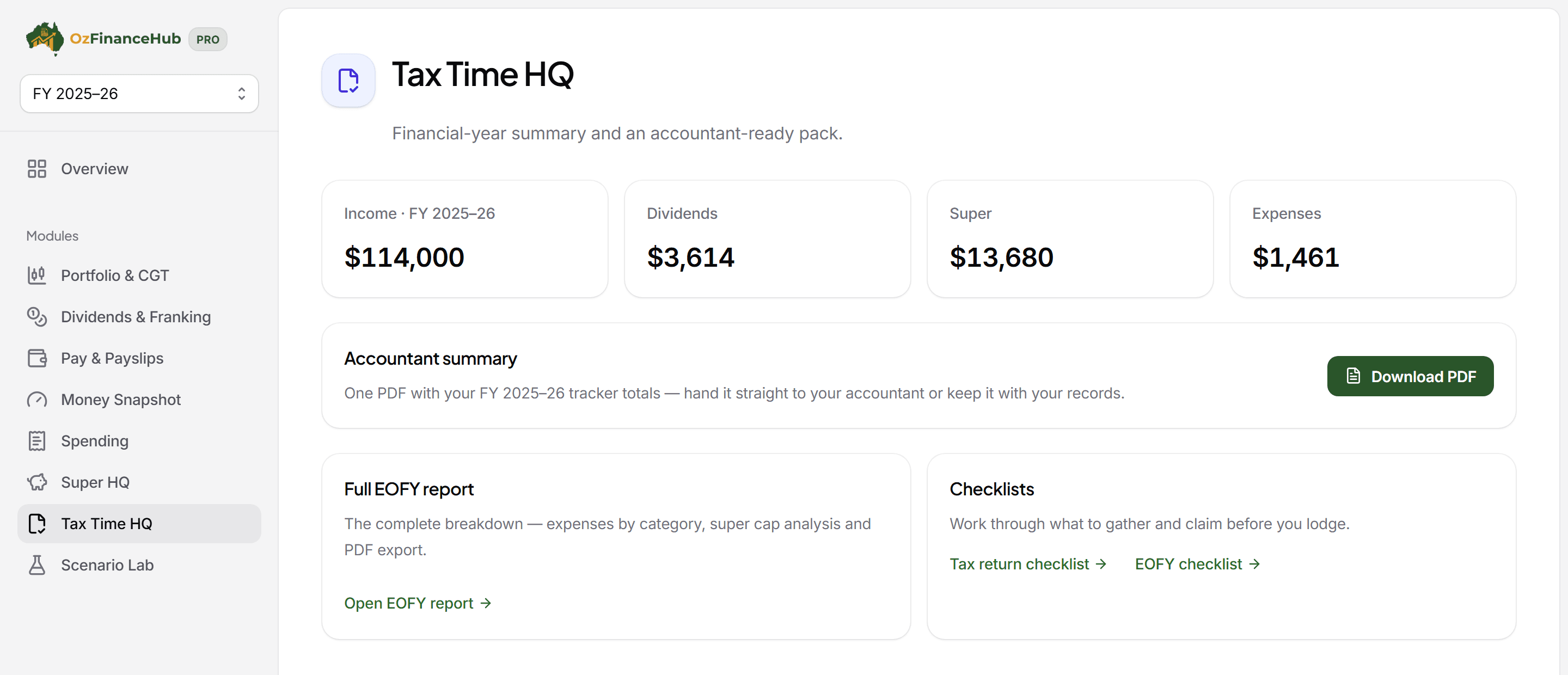 The Tax Time HQ module showing financial-year income, dividend, super and expense totals above an EOFY action plan, with a link to the full EOFY report